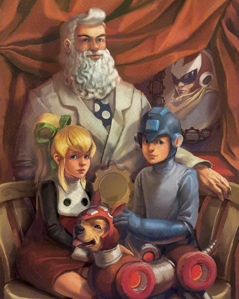 1girl 3boys beard blonde_hair blue_eyes blues_(rockman) closed_mouth commentary dog english_commentary facial_hair looking_at_viewer multiple_boys old_man photia ponytail pun realistic rockman rockman_(character) rockman_(classic) roll rush_(rockman) sidelocks sitting thomas_light tied_hair tongue tongue_out white_hair