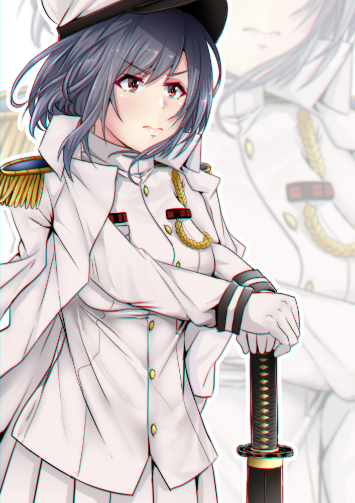 1girl admiral_(kantai_collection) admiral_(kantai_collection)_(cosplay) black_hair commentary_request cosplay epaulettes eyebrows_visible_through_hair gloves hand_on_sword hat jacket jacket_on_shoulders kantai_collection katana military military_hat military_uniform pleated_skirt red_eyes scabbard sheath shohei_(piranha5hk) short_hair skirt solo sword tassel uniform weapon white_gloves white_jacket white_skirt yamashiro_(kantai_collection) zoom_layer