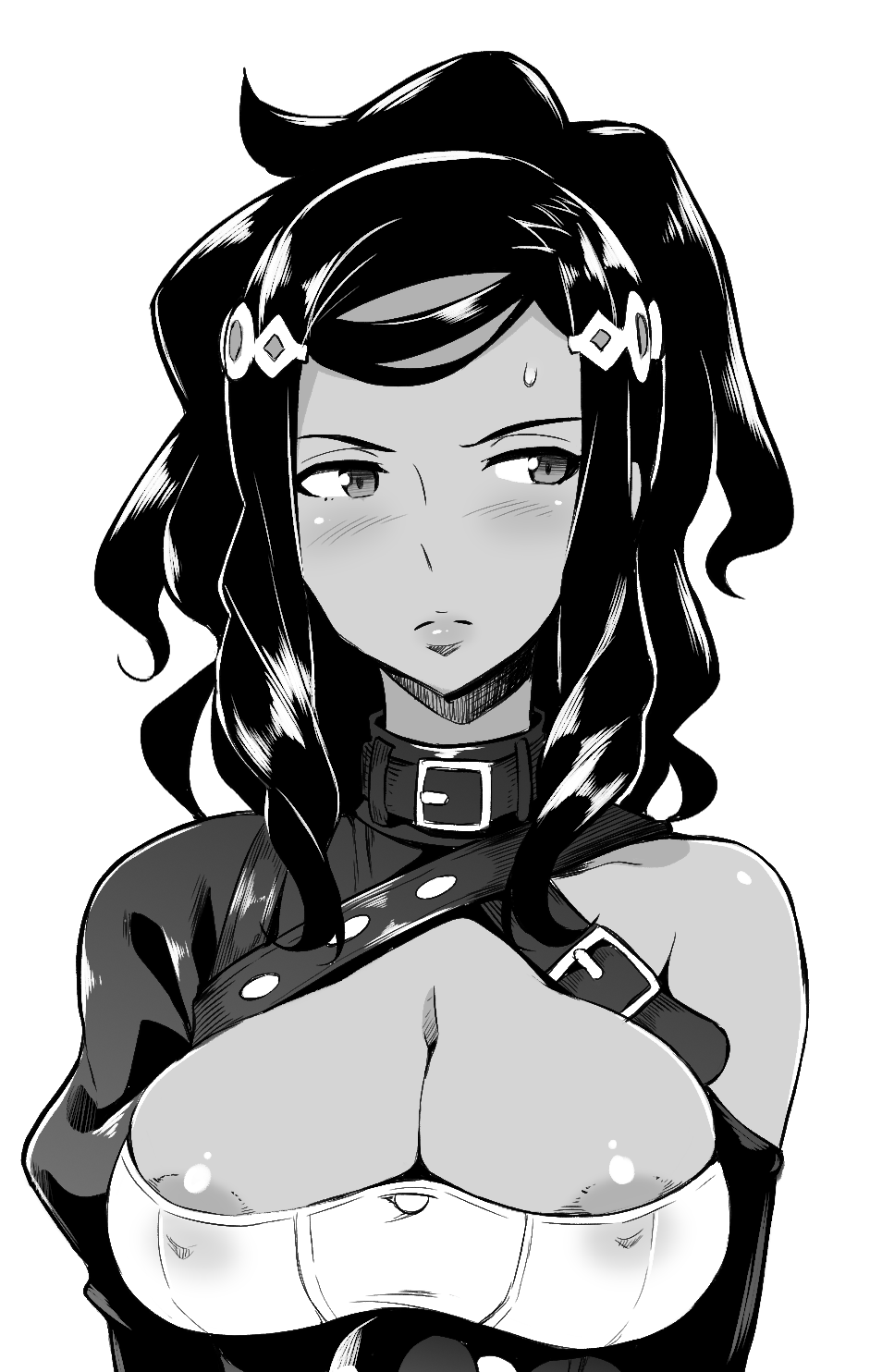 1girl areola_slip areolae bare_shoulders breasts character_request cleavage commentary dark_skin english_commentary ghettoyouth greyscale highres large_breasts long_hair looking_to_the_side monochrome simple_background solo sweatdrop tenrou:_sirius_the_jaeger white_background