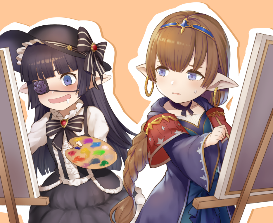 2girls bangs black_hair black_hat blue_eyes blush bow braid brown_hair canvas_(object) capelet choker circlet cloak collar commentary_request dress earrings easel eyepatch flower frilled_dress frills gothic_lolita granblue_fantasy harvin harzerila hat hat_bow hoop_earrings jewelry lolita_fashion long_hair lunalu_(granblue_fantasy) multiple_girls open_mouth paintbrush palette pointy_ears purple_flower ribbon_choker saliva simple_background single_braid striped striped_bow sweatdrop tsuchifumazu