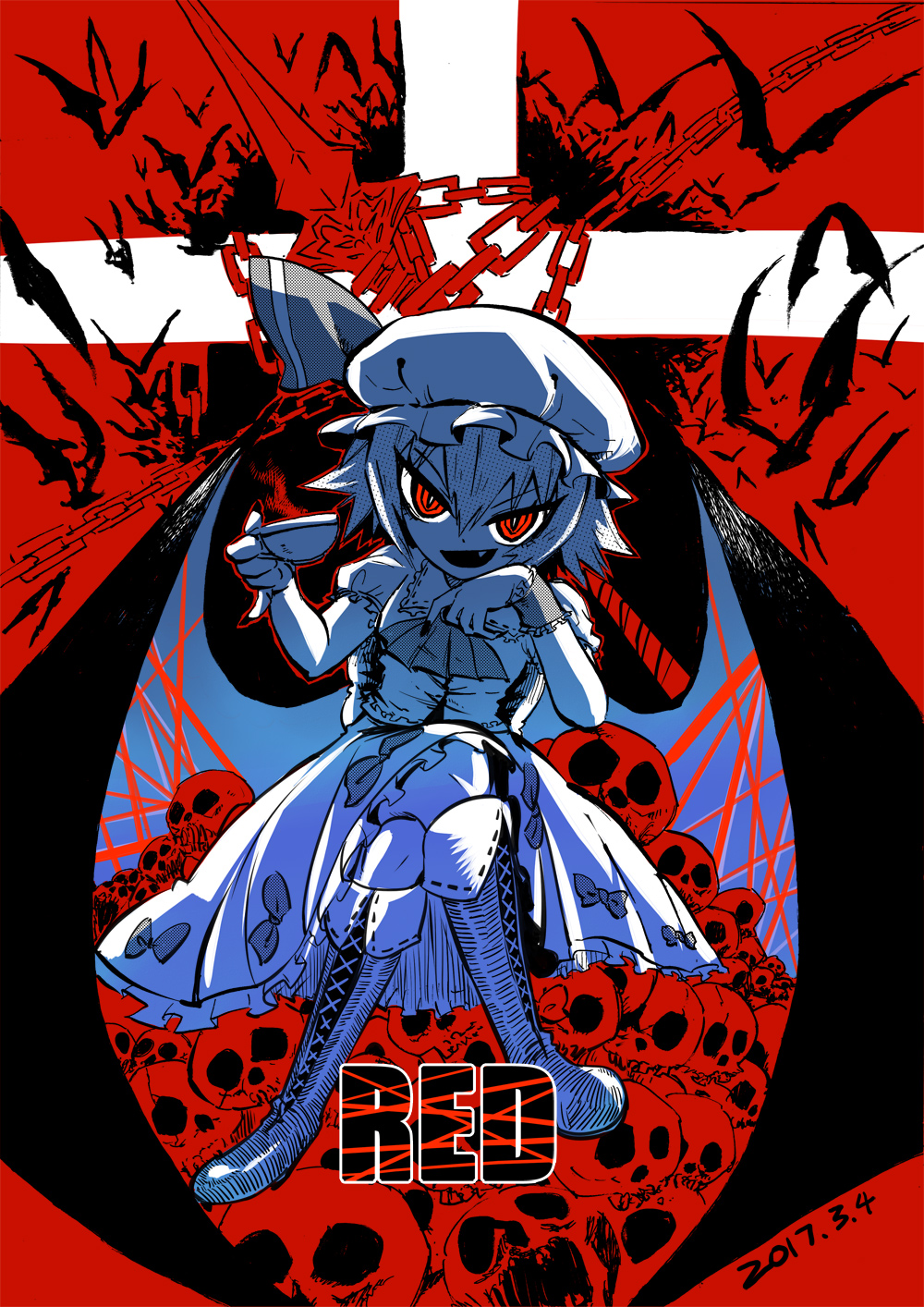 bat bat_wings black_nails blackcat_(pixiv) boots bow chains cross-laced_footwear cup dated dress dress_bow english_text evil_grin evil_smile eyebrows_visible_through_hair fang grin hair_between_eyes hat highres holding holding_cup lace-up_boots legs_crossed looking_at_viewer mob_cap nail_polish open_mouth polearm red_background red_eyes remilia_scarlet short_hair short_sleeves sitting skull skull_pile smile spear spear_the_gungnir teacup touhou v-shaped_eyebrows vampire weapon wings wrist_cuffs