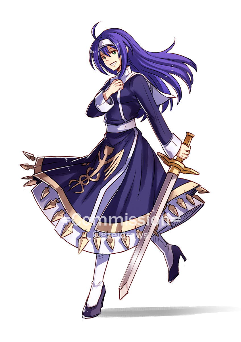 1girl blue_hair crossover dress fire_emblem fire_emblem:_akatsuki_no_megami fire_emblem:_souen_no_kiseki full_body green_eyes grin gzei headband high_heels highres holding holding_sword holding_weapon long_hair looking_at_viewer nintendo nun orie_(under_night_in-birth) smile solo sword thighhighs under_night_in-birth under_night_in-birth_exe:late[st] wayu_(fire_emblem) weapon