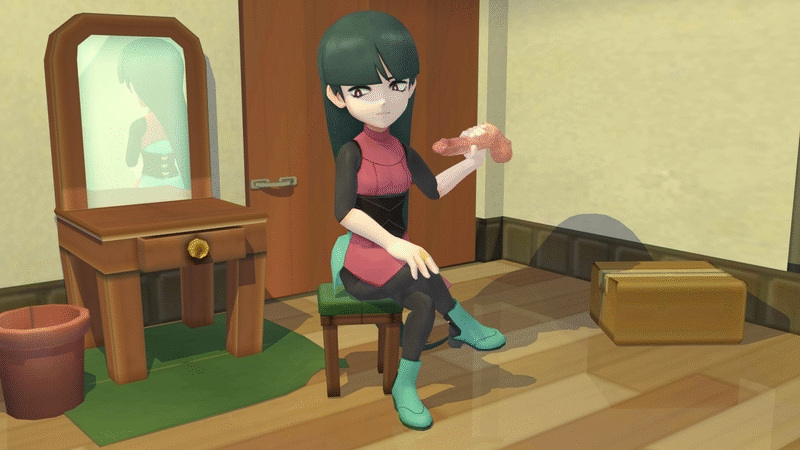 1girl 3d animated animated_gif back bangs black_bodysuit black_dress black_hair blunt_bangs bodysuit bodysuit_under_clothes box breasts creatures_(company) disembodied_limb disembodied_penis door dress dresser erection furniture game_freak green_dress green_heels hand_on_lap handjob heels highres indoors jewelry legs_crossed long_hair long_sleeves looking_away loop miniskirt mirror multicolored multicolored_clothes natsume_(pokemon) nintendo parted_bangs penis pokemon pokemon_(game) pokemon_frlg pot red_dress red_eyes red_skirt reflection ring rubbing shadow side_slit sitting skin_tight skirt solo_focus staring stool straight_hair testicles thelewdhero uncensored very_long_hair wooden_stool