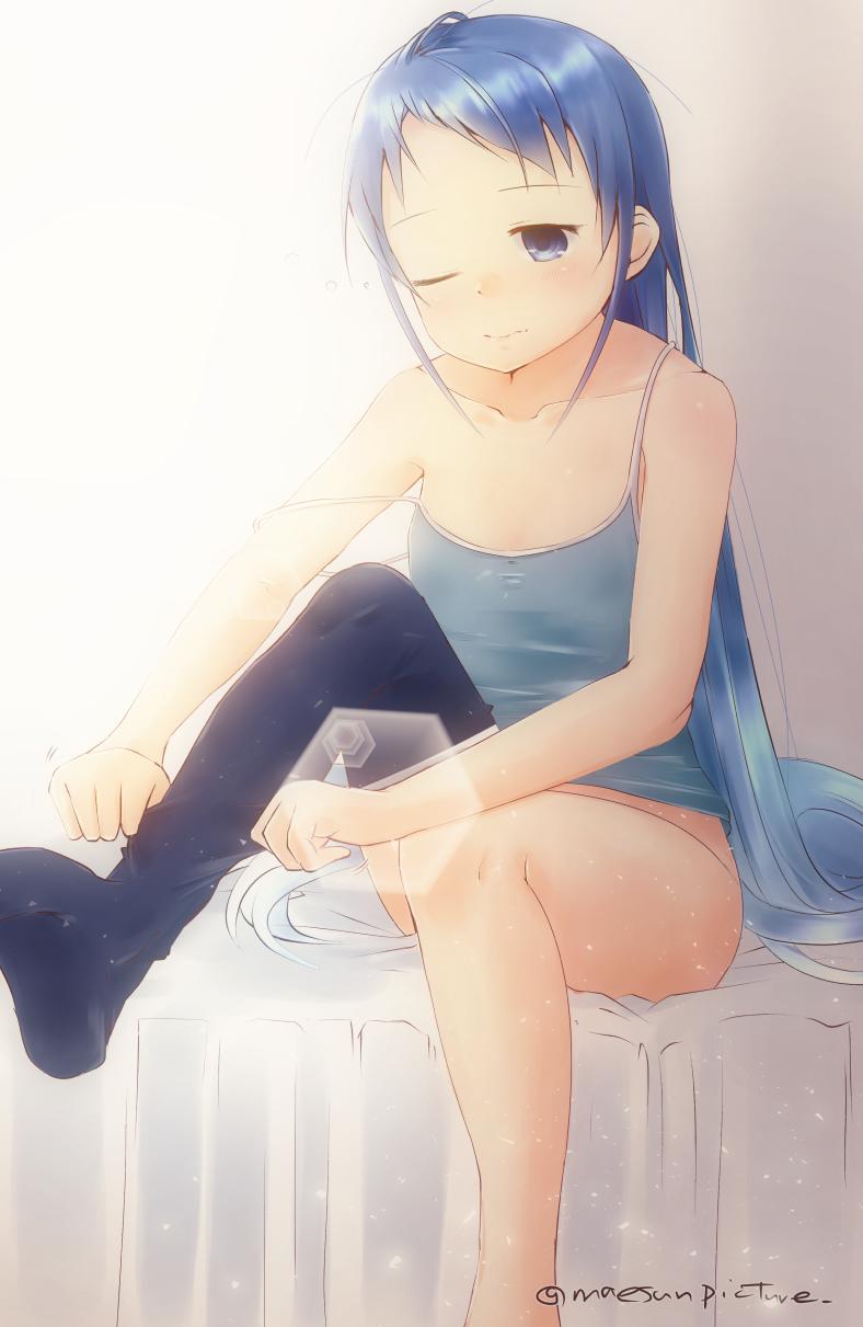 1girl artist_name bangs bare_arms bare_shoulders bed bed_sheet blue_camisole blue_eyes blue_hair blue_legwear bottomless breasts camisole collarbone dressing highres kantai_collection leg_up light_rays long_hair mae_(maesanpicture) on_bed one_eye_closed pulling samidare_(kantai_collection) shiny shiny_hair sidelocks single_thighhigh sitting sitting_on_bed sleepy small_breasts solo swept_bangs thighhighs very_long_hair