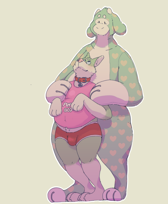 &lt;3 2019 3_fingers 3_toes ambiguous_gender animate_inanimate anthro belly canid canine canis claws clothed clothing collar digital_drawing_(artwork) digital_media_(artwork) domestic_dog duo english_text horn living_plush mammal nude overweight pawpadpup pawpadpup_(characters) pink_nose pink_shirt plushie red_collar romantic_couple simple_background size_difference standing text toe_claws toes