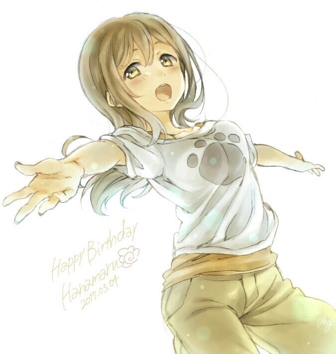 1girl :o bangs brown_eyes brown_hair character_name dated dutch_angle happy_birthday haru_hina khakis kunikida_hanamaru long_hair looking_at_viewer love_live! love_live!_sunshine!! outstretched_arms pants paw_print print_shirt shirt short_sleeves signature simple_background solo spread_arms t-shirt white_background