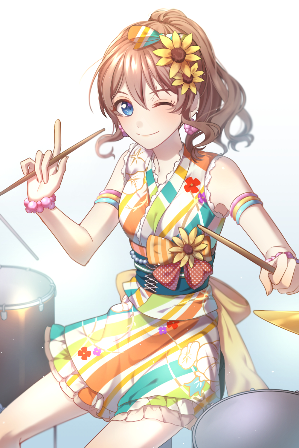 1girl ;) armlet back_bow bang_dream! blue_eyes bow bracelet brown_hair commentary corset drum drum_set drumsticks earrings flower frilled_skirt frills hair_bow hair_flower hair_ornament highres holding_drumsticks index_finger_raised instrument japanese_clothes jewelry kkopoli looking_at_viewer making_of one_eye_closed ponytail shirt sidelocks sitting skirt sleeveless smile solo striped striped_shirt striped_skirt sunflower yamabuki_saaya yellow_flower