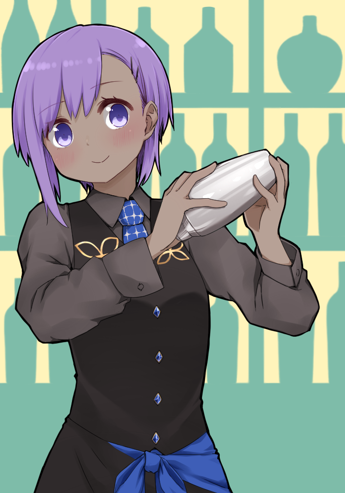 1girl bangs bartender black_skirt black_vest blue_bow blue_neckwear blush bow closed_mouth cocktail_shaker collared_shirt dark_skin eyebrows_visible_through_hair fate/prototype fate/prototype:_fragments_of_blue_and_silver fate_(series) grey_shirt hair_between_eyes hair_ornament hairclip hands_up hassan_of_serenity_(fate) head_tilt holding i.u.y long_sleeves necktie purple_eyes purple_hair shirt skirt smile solo vest