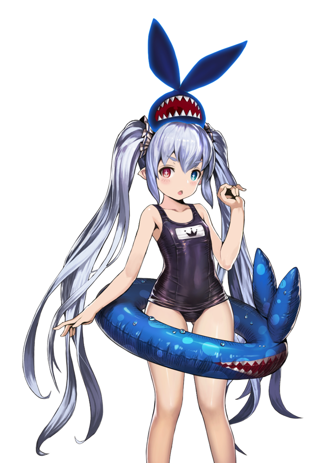 alternate_costume artist_request blue_eyes blush brown_dust character_request collarbone eyebrows eyebrows_visible_through_hair familiar flat_chest hair_ribbon heterochromia long_hair official_art pointy_ears red_eyes ribbon school_swimsuit silver_hair sitting sitting_on_head sitting_on_person star star-shaped_pupils swimsuit symbol-shaped_pupils twintails