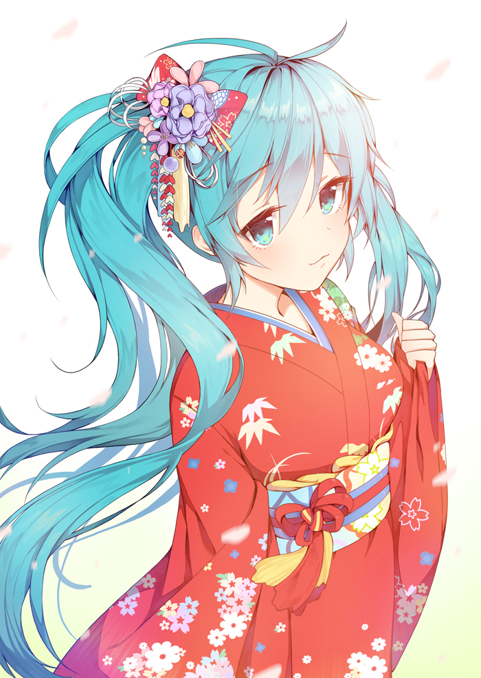 1girl :3 aqua_eyes aqua_hair closed_mouth commentary_request floating_hair floral_print flower gradient gradient_background hair_flower hair_ornament hatsune_miku japanese_clothes kimono long_hair obi petals red_kimono red_ribbon revision ribbon sash solo tp_(kido_94) twintails very_long_hair vocaloid
