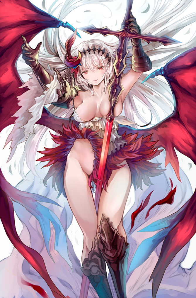 1girl armpits bare_shoulders bottomless camisole collarbone covering_nipples dark_jeanne demon_wings detached_sleeves feathers gauntlets granblue_fantasy greaves groin hair_feathers hairband heri jeanne_d'arc_(granblue_fantasy) long_hair looking_at_viewer navel red_eyes skirt solo sword weapon white_hair wings