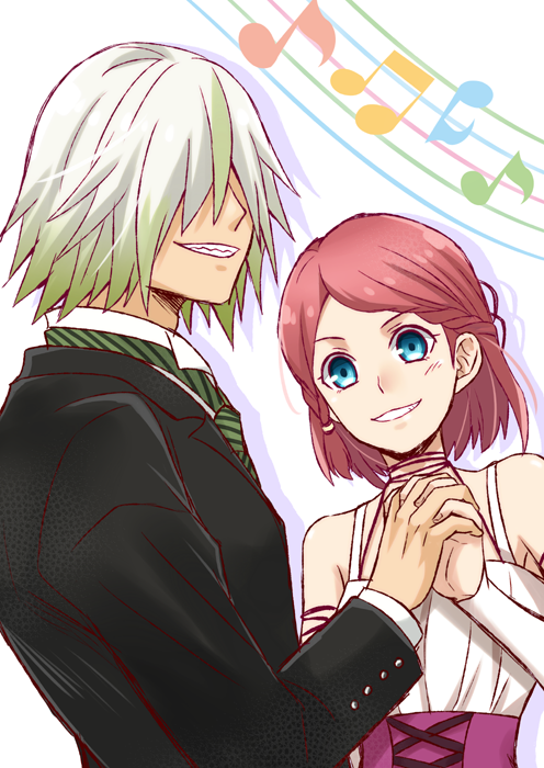 1boy 1girl bangs black_jacket blue_eyes braid choker corset detached_sleeves dezel_(tales) gradient_hair green_neckwear grin hair_over_eyes holding_hand interlocked_fingers jacket long_sleeves multicolored_hair musical_note necktie red_hair red_ribbon ribbon ribbon_choker rose_(tales) saklo shiny shiny_hair shirt short_hair silver_hair sleeveless sleeveless_shirt smile striped striped_neckwear swept_bangs tales_of_(series) tales_of_zestiria two-tone_hair white_shirt white_sleeves