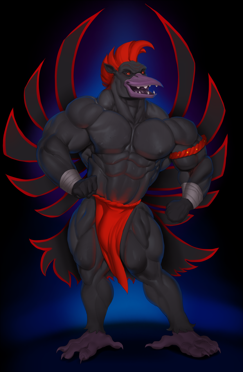 anthro avian bird bulge clothed clothing hi_res justmegabenewell loincloth male muscular muscular_male open_mouth pecs smile solo standing topless