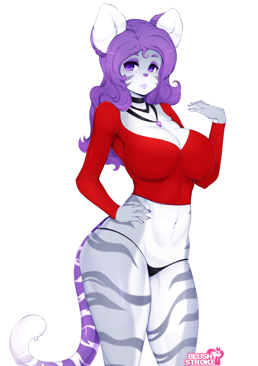 2019 anthro big_breasts blushstroke breasts choker clothing digital_media_(artwork) felid female fur grey_fur hair hand_on_hip heart_nose hi_res jewelry long_hair looking_at_viewer mammal nanelle_(blushstroke) navel necklace pantherine purple_eyes purple_fur purple_hair purple_nose shirt simple_background solo stripes thong tiger white_background white_fur