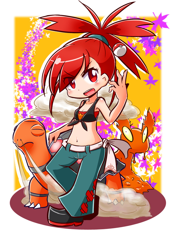 1girl :d asuna_(pokemon) autumn_leaves bandeau bangs bare_arms bare_shoulders black_footwear blue_pants blush breasts cleavage commentary_request creatures_(company) crop_top eyebrows_visible_through_hair eyes_closed full_body game_freak gen_2_pokemon gen_3_pokemon gym_leader head_tilt leaf maple_leaf midriff naga_u navel nintendo open_mouth pants poke_ball poke_ball_(generic) pokemon pokemon_(creature) pokemon_(game) pokemon_oras red_bandeau red_eyes red_hair shoes slugma small_breasts smile smoke standing standing_on_one_leg torkoal v-shaped_eyebrows yellow_eyes