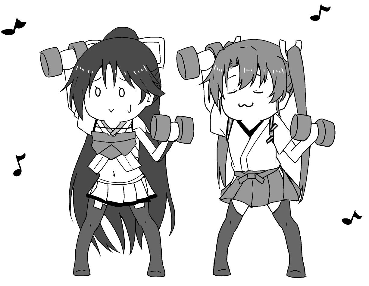 2girls :&gt; armor bangs dumbbell elbow_gloves exercise eyes_closed full_body gloves greyscale hair_between_eyes hair_ribbon hakama_skirt hip_vent japanese_clothes kantai_collection katsuragi_(kantai_collection) kimono long_hair microskirt midriff monochrome multiple_girls musical_note navel nikonikosiro no_shoes pleated_skirt ponytail remodel_(kantai_collection) ribbon simple_background skirt sweat tasuki thighhighs twintails white_background zuikaku_(kantai_collection)