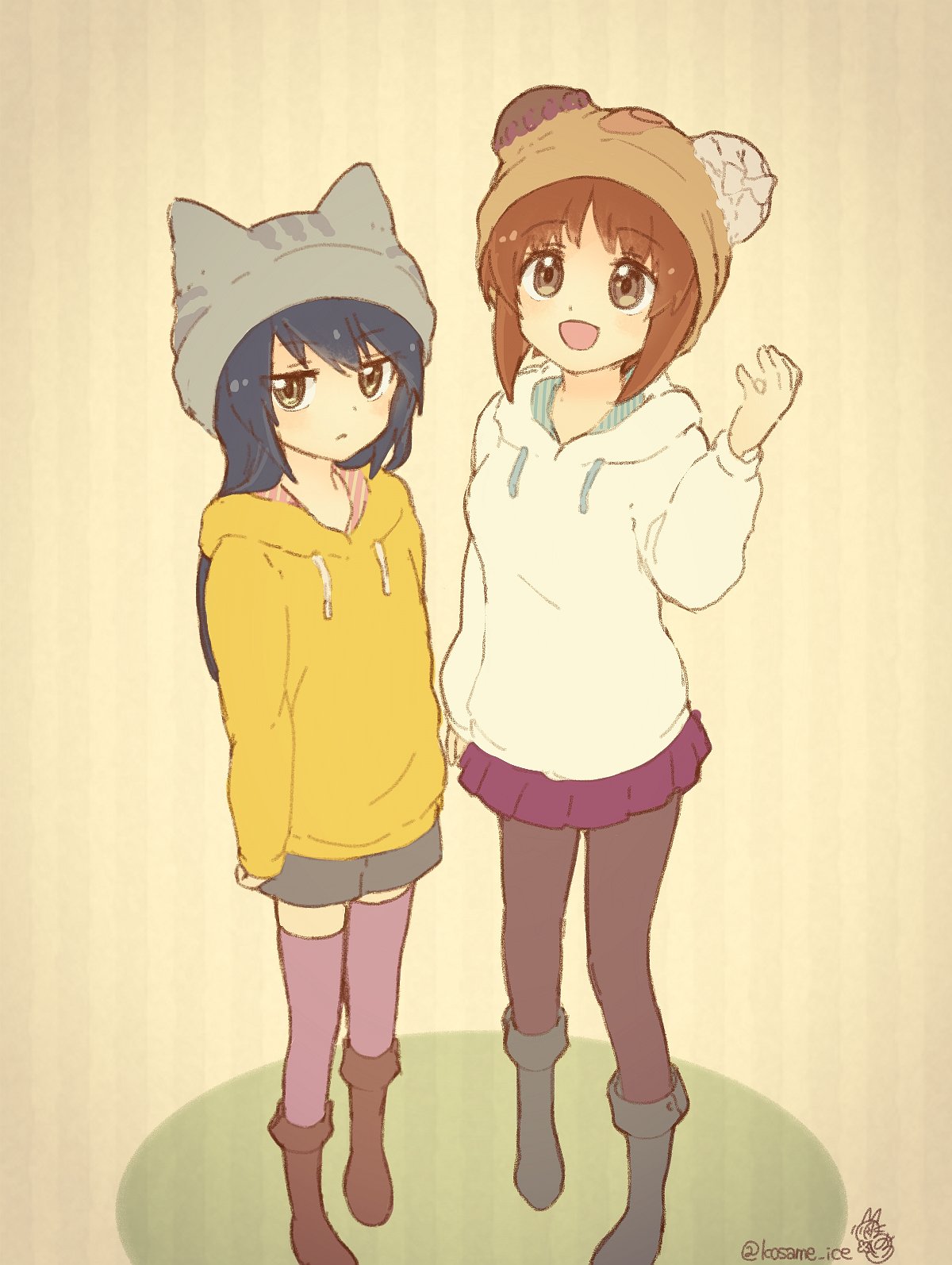 2girls animal_hat artist_logo bandage bandaid bangs beanie bear_hat beige black_footwear black_hair black_legwear boko_(girls_und_panzer) boots brown_eyes brown_hair brown_hat casual cat_hat closed_mouth commentary drawstring eyebrows_visible_through_hair frown gesture girls_und_panzer grey_footwear grey_hat grey_shorts hat highres hood hoodie kosame_koori long_hair long_sleeves looking_at_viewer miniskirt multiple_girls nishizumi_miho open_mouth pantyhose pleated_skirt purple_legwear purple_skirt reizei_mako shirt short_hair short_shorts shorts skirt smile standing striped striped_background thighhighs twitter_username vertical-striped_background vertical_stripes white_shirt yellow_shirt