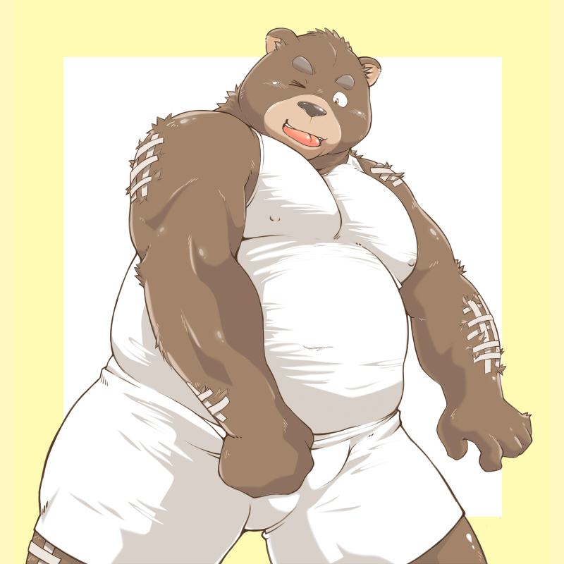 2013 anthro ast bandage belly biceps brown_fur clothed clothing fur humanoid_hands male mammal nipple_outline one_eye_closed overweight overweight_male shirt shorts simple_background solo tight_clothing ursid wink wrestling_singlet