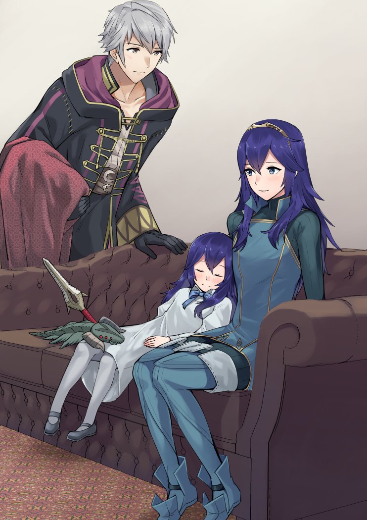 1boy 2girls a_meno0 black_footwear black_gloves black_panties blue_bow blue_eyes blue_footwear blue_hair blue_neckwear boots bow bowtie brown_eyes brown_hairband collarbone couch dress fire_emblem fire_emblem:_kakusei gloves grey_background hair_between_eyes hairband leaning_forward long_hair long_sleeves lucina mary_janes multiple_girls my_unit_(fire_emblem:_kakusei) nintendo panties parent_and_child shoes silver_hair sitting sleeping smile standing thigh_boots thighhighs underwear white_dress white_legwear