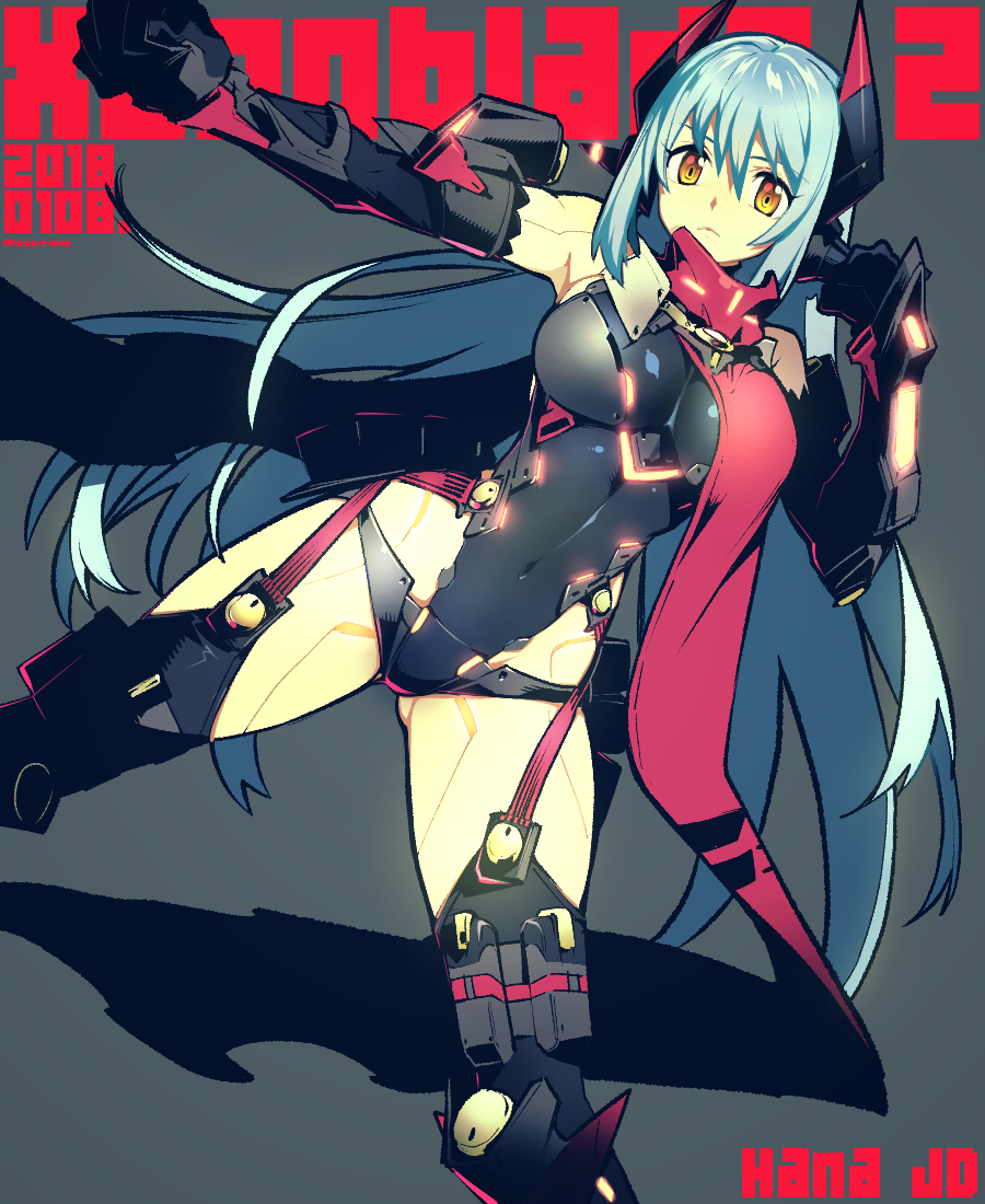 1girl android blue_hair breasts commentary fujimoto_hideaki gluteal_fold hana_(xenoblade) hana_jd large_breasts leotard long_hair looking_at_viewer nintendo robot_joints solo spoilers thighhighs very_long_hair xenoblade_(series) xenoblade_2