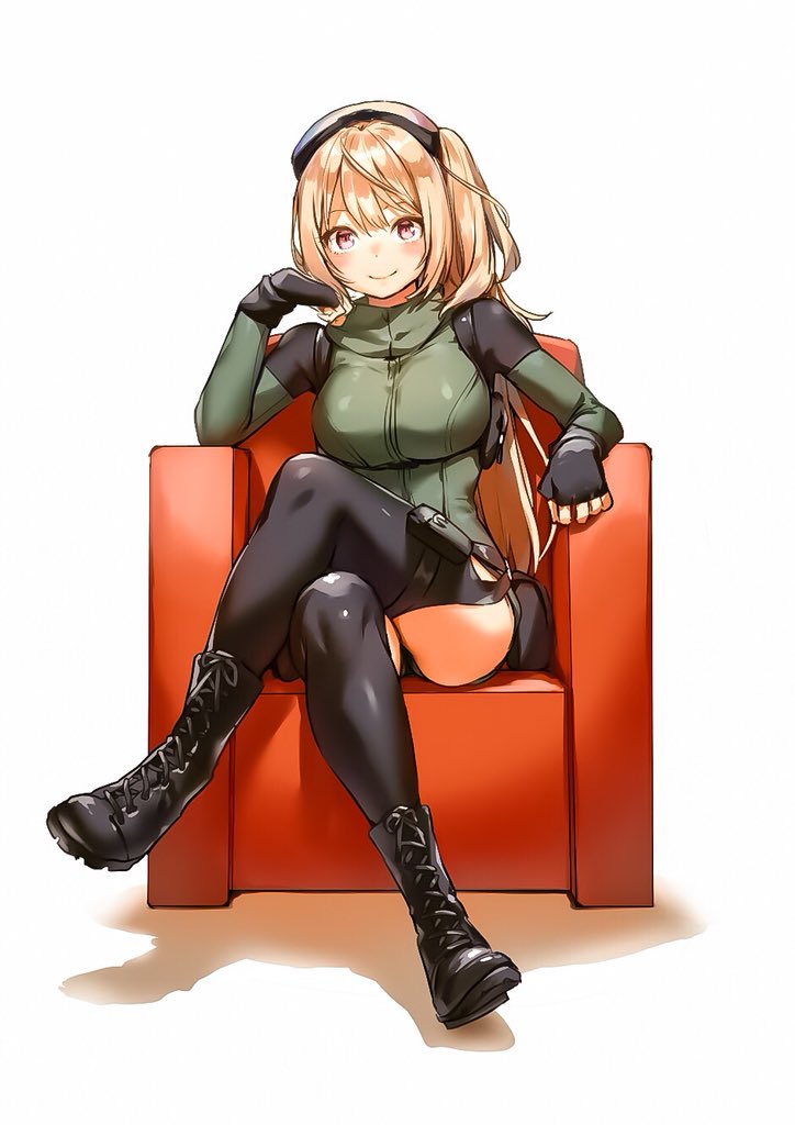 1girl akiyama_youkou ankle_boots armchair black_footwear black_gloves black_legwear blonde_hair blush boots breasts chair closed_mouth cross-laced_footwear fingerless_gloves full_body gloves goggles goggles_on_head lace-up_boots large_breasts legs_crossed long_hair long_sleeves looking_at_viewer pink_eyes pouch saguri-chan_tankentai shinobima_saguri side_ponytail simple_background sitting smile solo thighhighs white_background