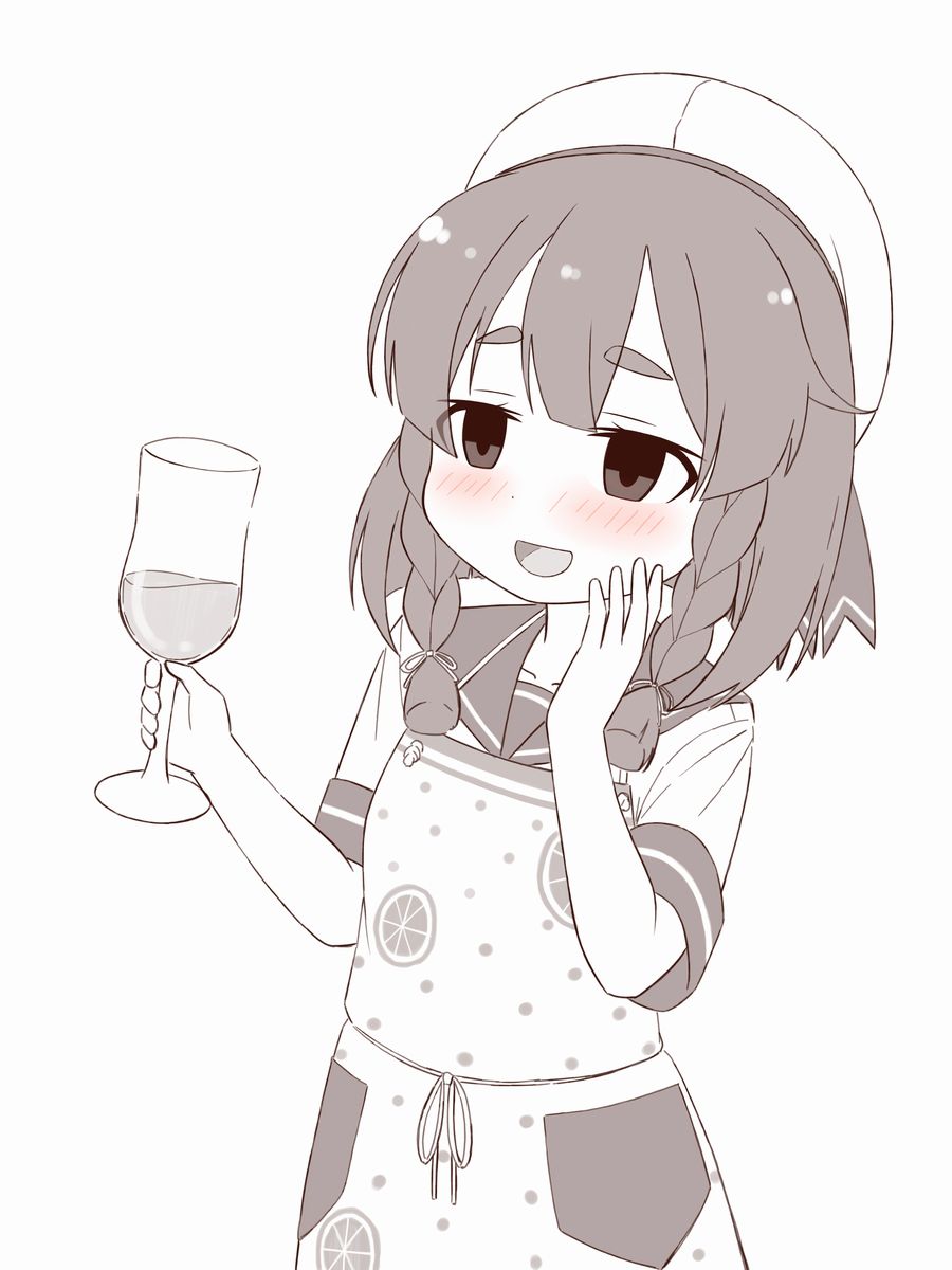 1girl alcohol apron beer blush bob_cut braid commentary_request cowboy_shot cup drinking_glass drunk etorofu_(kantai_collection) hand_on_own_face highres kantai_collection monochrome open_mouth polka_dot polka_dot_apron sailor_collar school_uniform sepia serafuku side_braid simple_background smile soba_(sobaya1938) solo spot_color thick_eyebrows twin_braids upper_body wine_glass