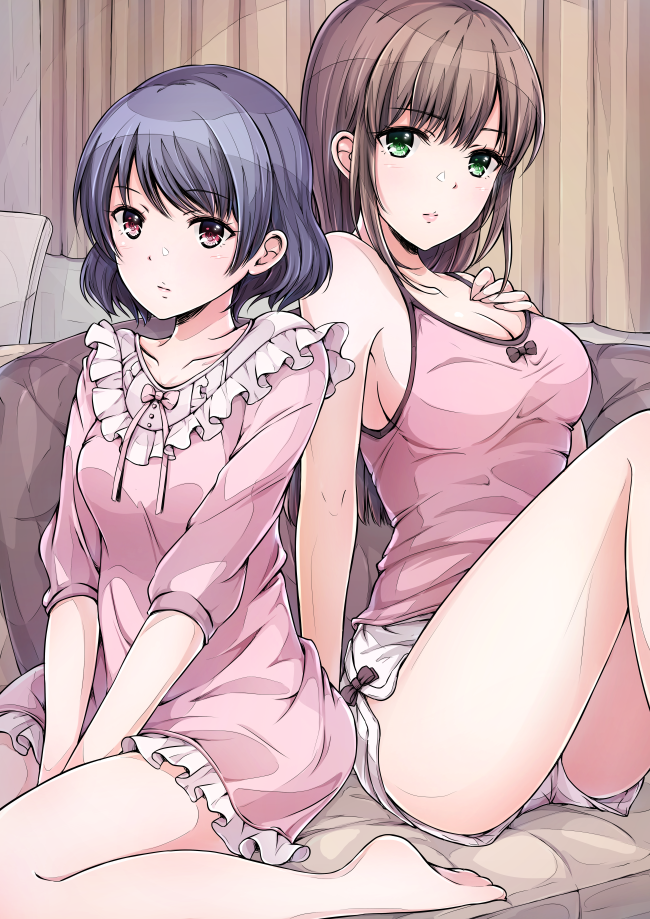 2girls bare_arms bare_shoulders between_legs blue_hair boyshorts breasts brown_hair camisole cleavage closed_mouth collarbone commentary_request couch domestic_na_kanojo dress frilled_dress frills green_eyes hand_on_own_chest hand_up hoshimaemi indoors knees_up large_breasts long_hair long_sleeves looking_at_viewer multiple_girls on_couch pink_dress pink_shirt red_eyes shirt short_hair short_shorts shorts sidelocks sitting sleeveless tachibana_hina tachibana_rui thighs v_arms wariza white_shorts