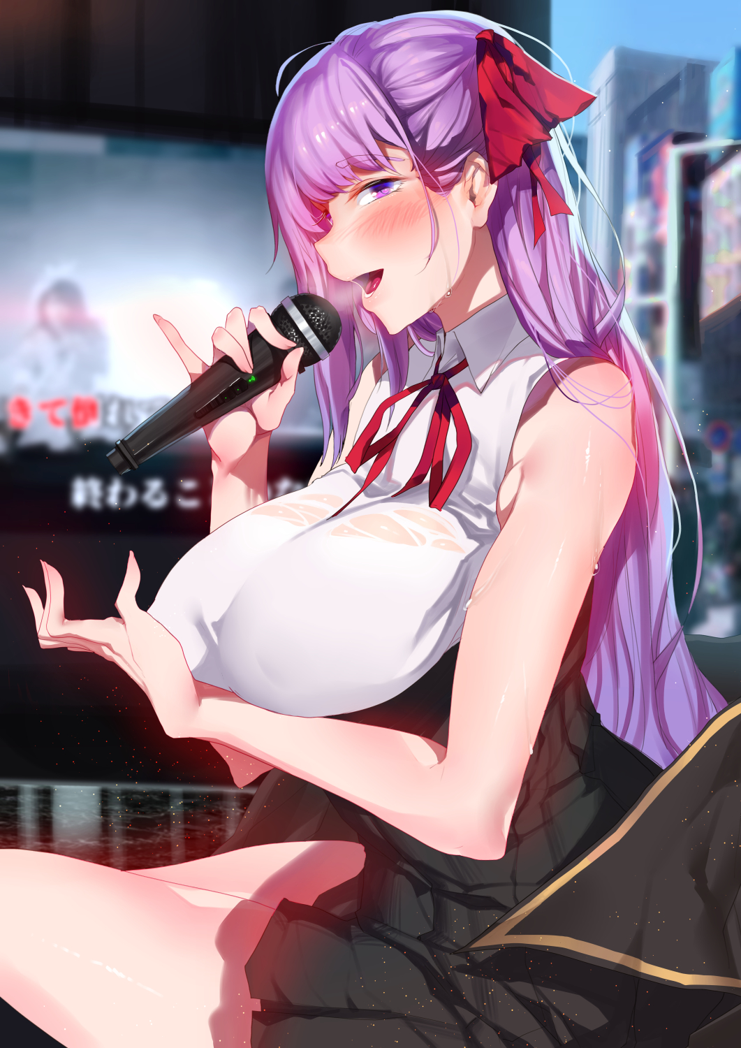 1girl bangs bare_shoulders bb_(fate)_(all) bb_(fate/extra_ccc) blush breasts eyebrows_visible_through_hair fate/grand_order fate_(series) hair_ribbon heavy_breathing high-waist_skirt highres holding holding_microphone large_breasts long_hair looking_at_viewer looking_to_the_side microphone open_mouth purple_eyes purple_hair red_ribbon ribbon see-through shiny shiny_skin sitting skirt sleeveless smile solo very_long_hair wet wet_clothes yueqin_(monnpiano)