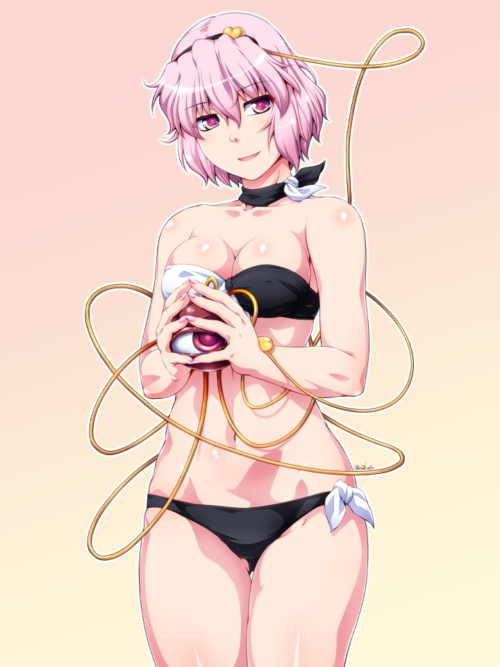 1girl artist_name bandeau bangs bare_arms bare_shoulders bikini black_bikini black_choker black_hairband breasts choker cleavage collarbone commentary_request cowboy_shot eyebrows_visible_through_hair gradient gradient_background groin hair_between_eyes hair_ornament hairband head_tilt heart heart_hair_ornament holding komeiji_satori looking_at_viewer medium_breasts nail_polish navel ootsuki_wataru outline parted_lips pink_background pink_eyes pink_hair pink_nails ribbon_choker shiny shiny_skin short_hair side-tie_bikini signature smile solo standing steepled_fingers stomach swimsuit thighs third_eye touhou white_outline yellow_background