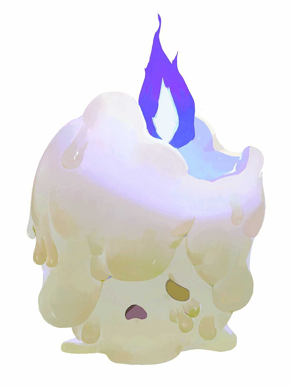 bluekomadori candle creatures_(company) crying crying_with_eyes_open fire game_freak gen_5_pokemon highres liquid melting nintendo no_humans one_eye_covered open_mouth pokemon pokemon_(creature) purple_fire simple_background tears wax white_background yellow_eyes