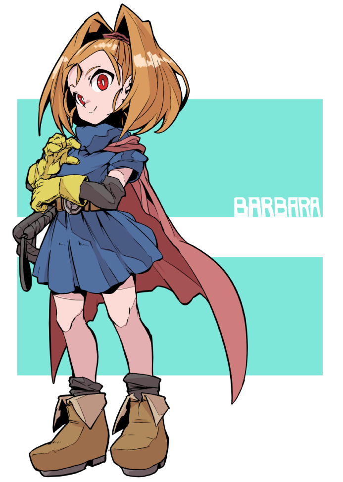 1girl barbara black_legwear blue_dress boots bright_pupils brown_footwear brown_hair cape character_name closed_mouth dragon_quest dragon_quest_vi dress full_body gloves high_ponytail jamir legs_apart medium_hair ponytail red_cape red_eyes short_dress smile socks solo standing whip white_pupils yellow_gloves
