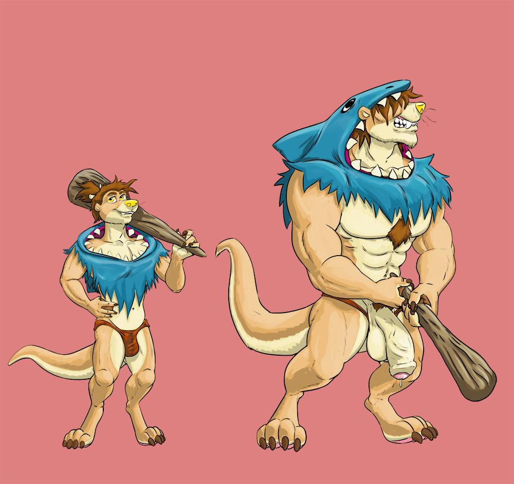 anthro balls barefoot big_penis body_hair chest_hair clothing club_(weapon) growth humanoid_penis lutrine male mammal melee_weapon muscle_growth muscular muscular_male mustelid penis precum pubes tawny_otter tawny_otter_(character) thong vein veiny_penis weapon