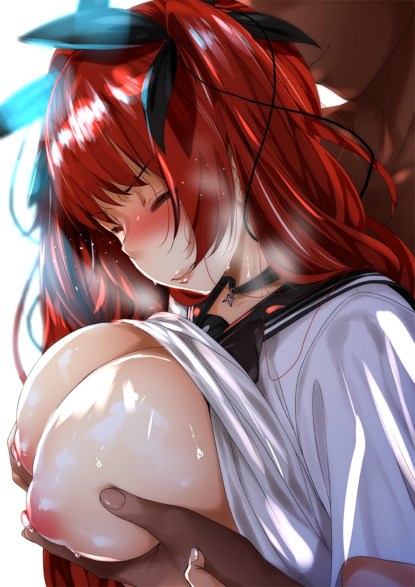 1boy 1girl alternate_costume areolae azur_lane bangs blush breast_grab breasts choker closed_mouth eyebrows_visible_through_hair eyes_closed fumihiko_(pixiv2658856) grabbing hair_ribbon hat highres honolulu_(azur_lane) large_breasts long_hair nipples red_hair ribbon sailor_collar school_uniform shiny shiny_skin shirt shirt_lift sidelocks simple_background smile sweat twintails upper_body white_shirt