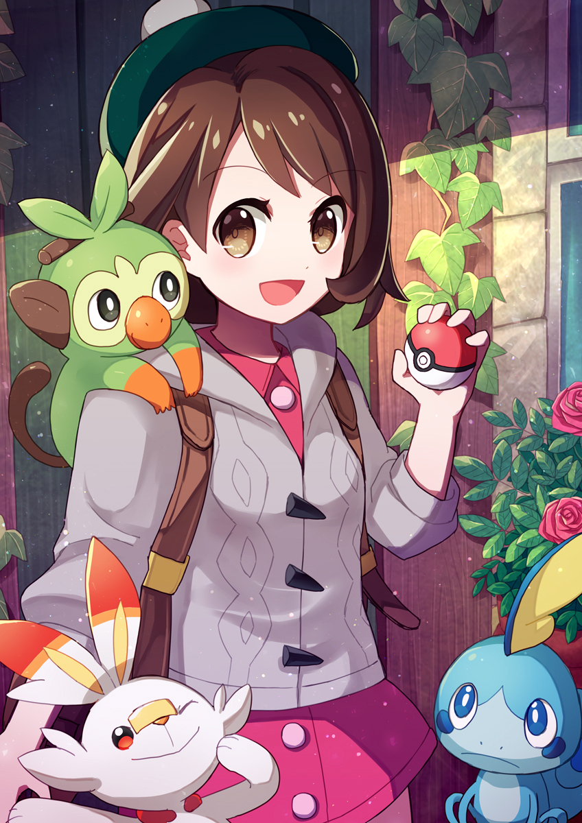 1girl :d :o ;) backpack bag bangs blue_eyes blush bob_cut brown_bag brown_eyes brown_hair cardigan closed_mouth coconat_summer commentary_request cowboy_shot creatures_(company) doors dress eyebrows eyebrows_visible_through_hair female_protagonist_(pokemon_swsh) flower game_freak gen_8_pokemon green_hat grey_cardigan hair_ornament hat highres holding holding_poke_ball long_sleeves looking_at_viewer nintendo one_eye_closed open_mouth outdoors pink_dress plant poke_ball poke_ball_(generic) pokemon pokemon_(creature) pokemon_(game) pokemon_swsh short_hair smile tam_o'_shanter vines window