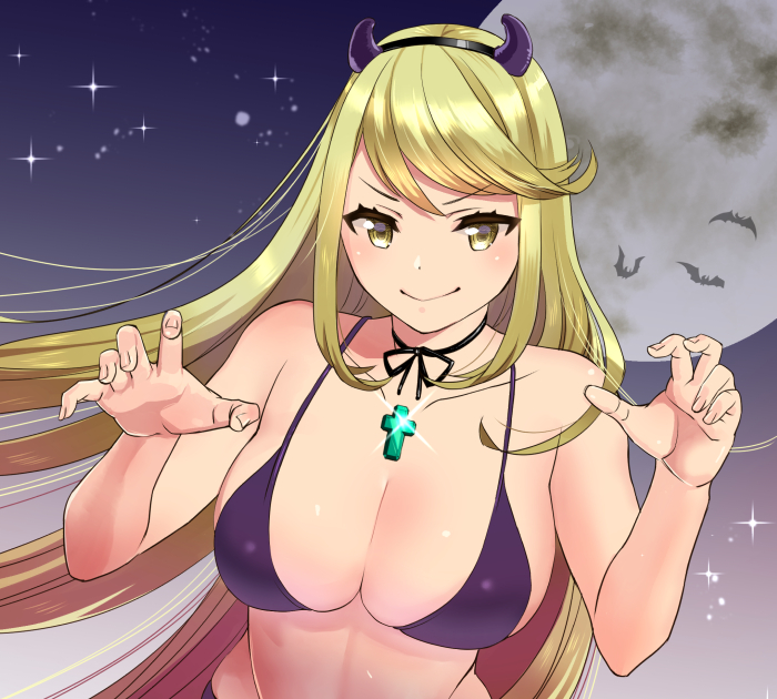 1girl bare_arms bare_shoulders bat bikini_top black_choker black_hairband black_ribbon blonde_hair breasts choker cleavage closed_mouth collarbone eyebrows_visible_through_hair fake_horns fingernails full_moon glint hairband hands_up hikari_(xenoblade_2) large_breasts looking_at_viewer midriff moon nintendo ooshima_aki purple_bikini_top ribbon ribbon_choker smile solo sparkle straight_hair v-shaped_eyebrows xenoblade_(series) xenoblade_2 yellow_eyes