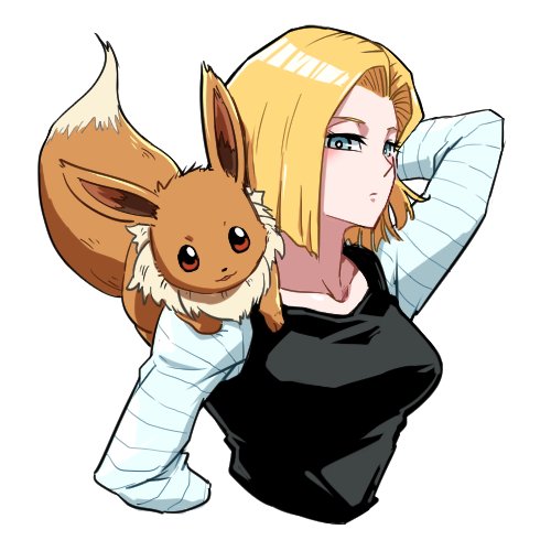 1girl android_18 arm_up blonde_hair blue_eyes blush breasts closed_mouth collarbone commentary_request creatures_(company) cropped_torso crossover dragon_ball dragonball_z eevee game_freak gen_1_pokemon long_sleeves looking_at_viewer lowres nintendo pokemon pokemon_(creature) pokemon_on_shoulder shirt short_hair solo st62svnexilf2p9 striped striped_shirt upper_body white_background