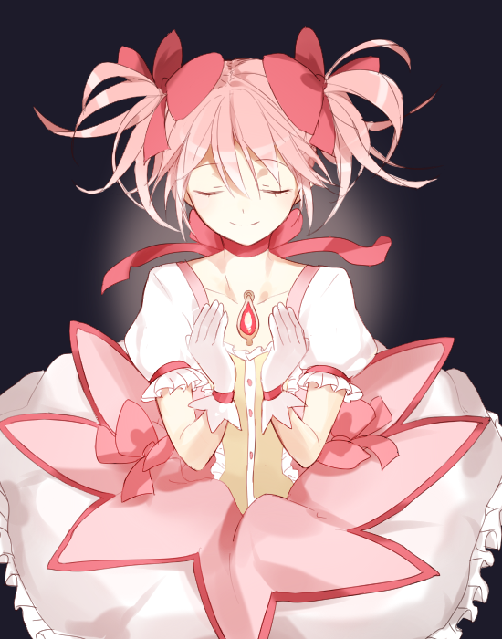 1girl black_background bubble_skirt choker commentary cupping_hands eyebrows_visible_through_hair eyes_closed flat_chest frilled_skirt frills gloves glowing hair_ribbon kaname_madoka magical_girl mahou_shoujo_madoka_magica pink_hair pink_neckwear pink_ribbon puffy_short_sleeves puffy_sleeves ribbon ribbon_choker short_hair short_sleeves short_twintails simple_background skirt smile solo soul_gem standing twintails upper_body white_gloves yo-sa_(13014948)