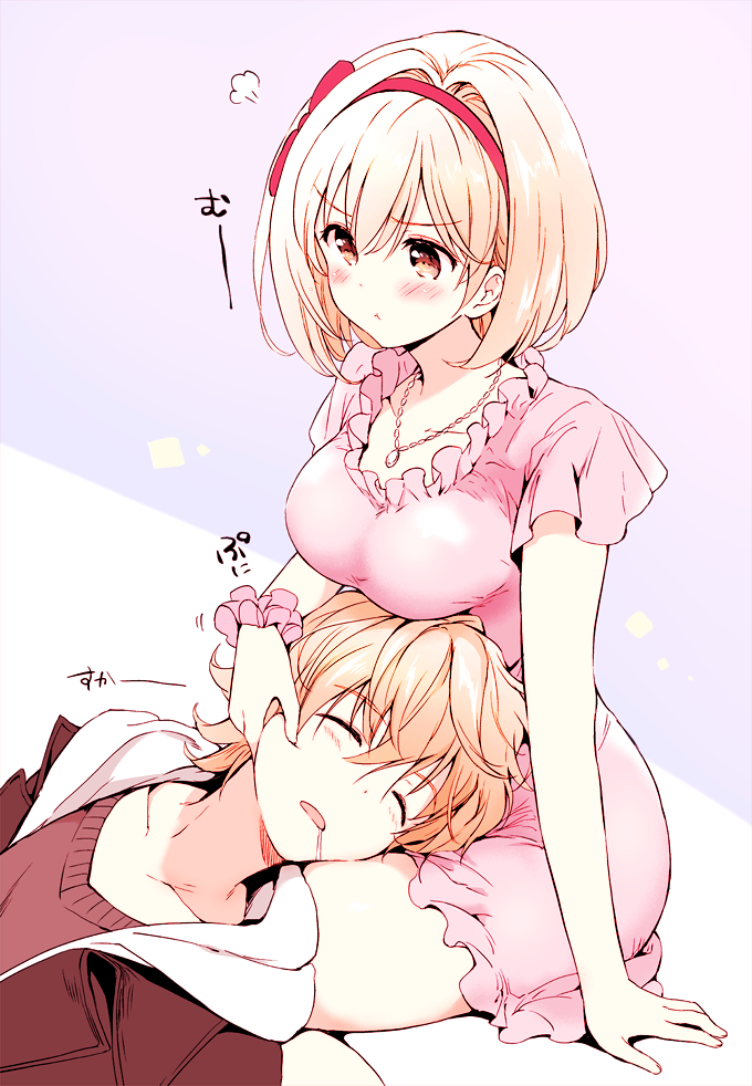 1boy 1girl =3 bare_arms blonde_hair blush breasts brown_shirt collarbone djeeta_(granblue_fantasy) dress drooling frilled_dress frills frown gran_(granblue_fantasy) granblue_fantasy hair_intakes hairband hand_on_another's_cheek hand_on_another's_face hood hooded_jacket jacket jewelry kurimomo lap_pillow large_breasts lying motion_lines necklace on_back open_clothes open_jacket orange_hair pink_dress scrunchie shirt short_hair short_sleeves sitting sleeping thighs wrist_scrunchie
