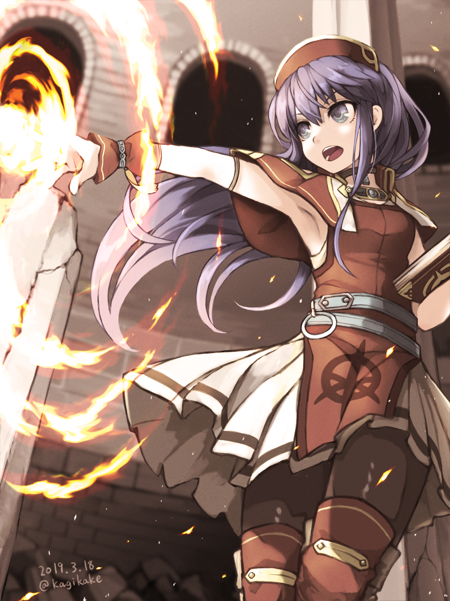 1girl armpits belt blue_eyes blue_hair book dated dress fire fire_emblem fire_emblem:_fuuin_no_tsurugi flame hat highres holding holding_book kazaguruma lilina long_hair nintendo open_mouth outstretched_arm pantyhose pointing pointing_forward red_hat solo twitter_username
