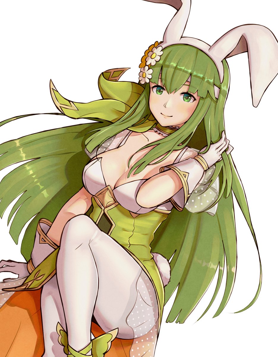 1girl animal_ears breasts bunny_ears bunny_tail cleavage closed_mouth fake_animal_ears fake_tail fire_emblem fire_emblem:_monshou_no_nazo fire_emblem_heroes flower gloves gonzarez green_eyes green_hair hair_flower hair_ornament highres long_hair medium_breasts nintendo pantyhose paola simple_background smile solo tail white_background white_gloves white_legwear