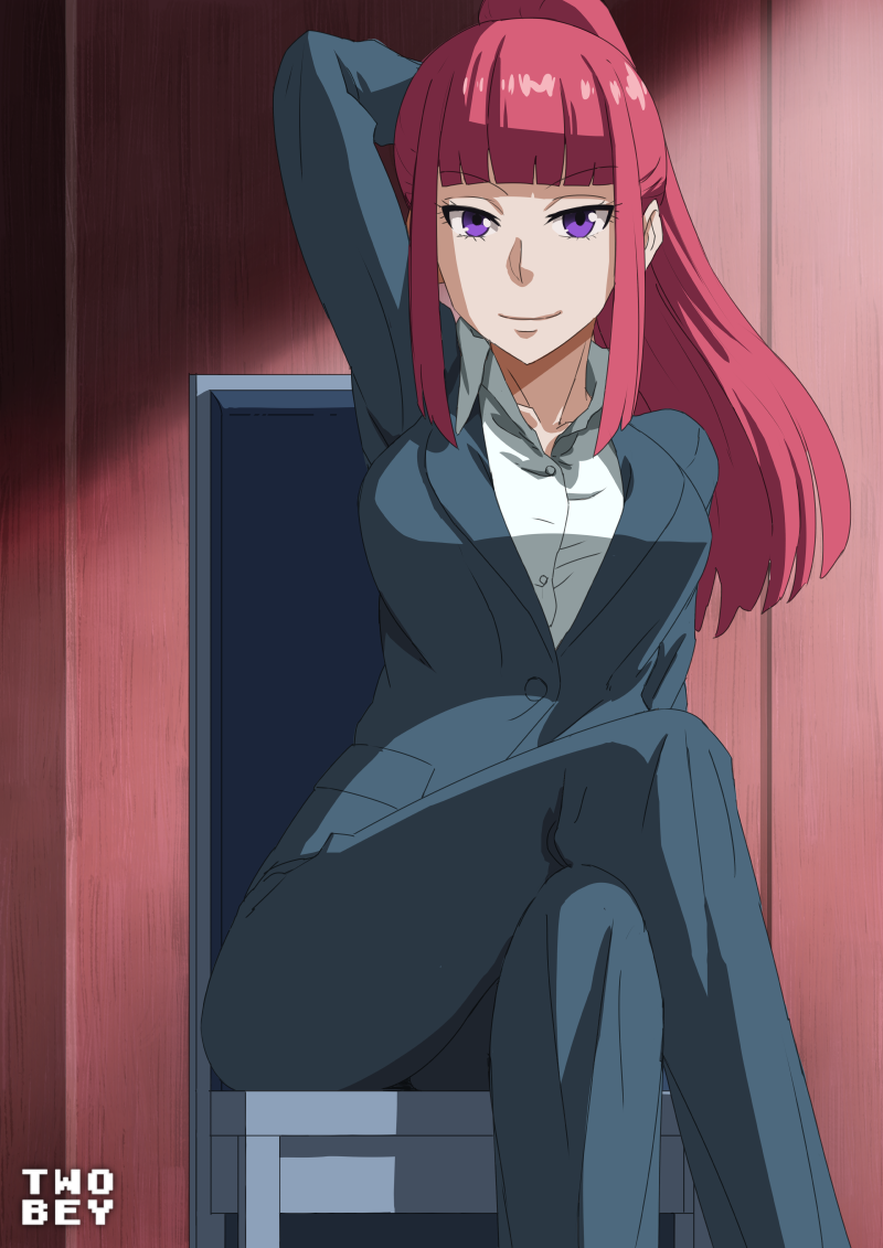 1girl arm_up artist_name bangs black_pants black_suit blunt_bangs high_ponytail indoors legs_crossed long_hair looking_at_viewer office_lady pants pink_hair planet_with purple_eyes sidelocks sitting smile takatori_benika twobey