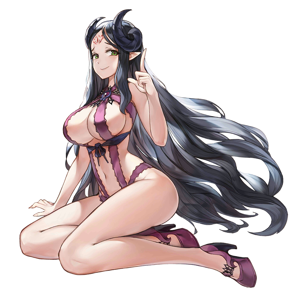 bare_legs bare_shoulders black_hair breasts demon demon_girl demon_horns eyebrows facial_mark forehead_mark green_eyes high_heels horns king's_raid large_breasts long_hair looking_at_viewer navel official_art pointing pointy_ears purple_footwear purple_sweater red_pupils revealing_clothes revealing_swimsuit shamilla_(king's_raid) shiny shiny_hair sitting smile sweater transparent_background very_long_hair wavy_hair
