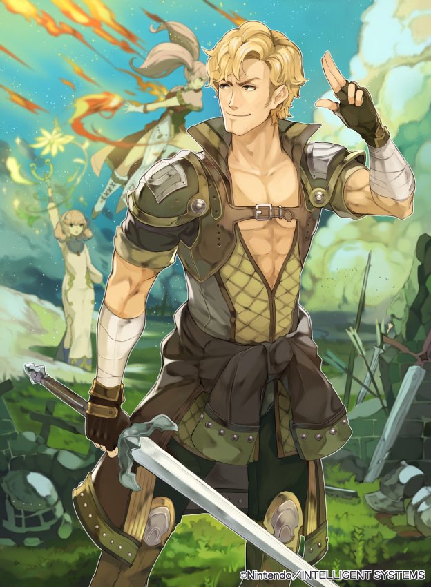 1boy 2girls abs bandage blonde_hair boots brown_eyes cloud curly_hair fingerless_gloves fire fire_emblem fire_emblem_cipher fire_emblem_echoes:_mou_hitori_no_eiyuuou flower gloves grass jenny_(fire_emblem) jesse_(fire_emblem) kurosawa_tetsu long_hair mae_(fire_emblem) multiple_girls nintendo official_art open_clothes open_mouth open_shirt pink_hair polearm spear sword twintails weapon