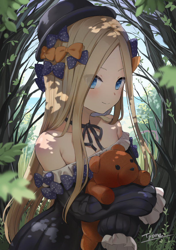 1girl abigail_williams_(fate/grand_order) artist_name bangs bare_shoulders black_bow black_choker black_dress black_headwear blonde_hair blue_eyes blue_sky blush bow choker cloud commentary_request day dress fate/grand_order fate_(series) forest hair_bow hat long_hair long_sleeves looking_at_viewer nature object_hug off-shoulder_dress off_shoulder orange_bow outdoors parted_bangs polka_dot polka_dot_bow ribbon_choker signature sky sleeves_past_wrists smile solo stuffed_animal stuffed_toy teddy_bear tyone very_long_hair