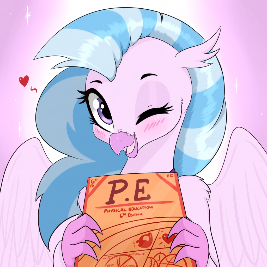 &lt;3 aer0_zer0 avian beak book feathers female friendship_is_magic hair happy hippogryph multicolored_mane my_little_pony one_eye_closed silverstream_(mlp) simple_background smile solo wings wink