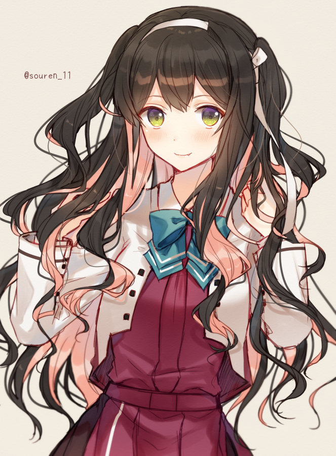 1girl alternate_hairstyle black_hair blazer bow bowtie commentary_request cowboy_shot fang grey_background grey_legwear hairband halterneck hiiragi_souren jacket kantai_collection long_hair looking_at_viewer multicolored_hair naganami_(kantai_collection) pink_hair remodel_(kantai_collection) smile solo twitter_username two-tone_hair two_side_up wavy_hair white_hairband
