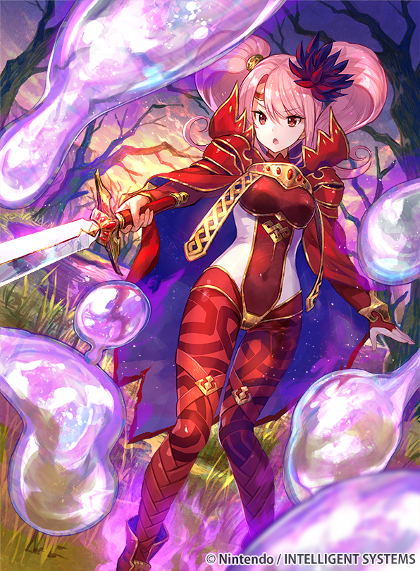 1girl alternate_costume bodysuit boots breastplate cape covered_navel fire_emblem fire_emblem_cipher fire_emblem_echoes:_mou_hitori_no_eiyuuou flower grass hair_flower hair_ornament long_hair mae_(fire_emblem) nintendo official_art open_mouth pink_eyes pink_hair red_eyes solo sword tree twintails weapon