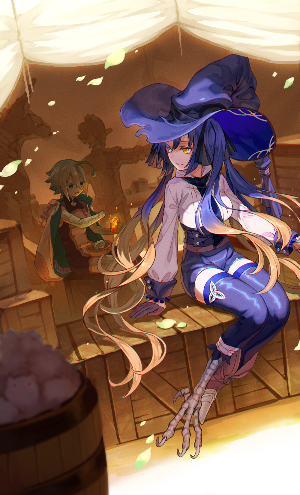 2boys 2girls antennae barrel black_gloves blonde_hair blue_hair blue_headwear blue_legwear blue_shorts bowl box claws gem gloves gradient_hair helifalte highres long_hair long_sleeves multicolored_hair multiple_boys multiple_girls pixiv_fantasia pixiv_fantasia_last_saga pointy_ears short_hair short_shorts shorts sitting standing thighhighs thuluth very_long_hair yellow_eyes yuzu_shio