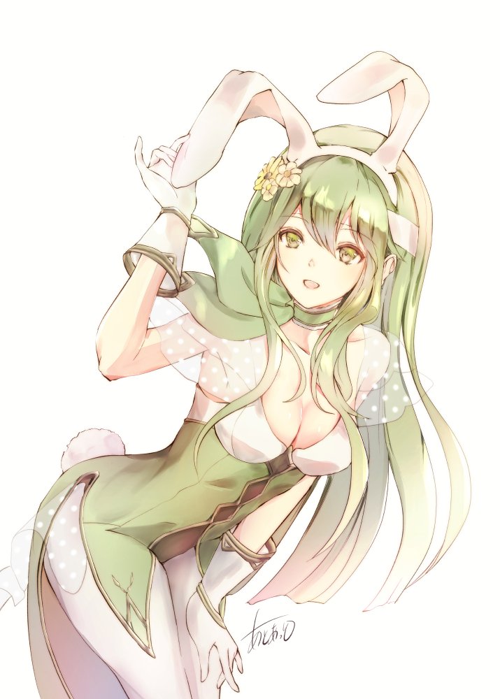 1girl animal_ears atoatto breasts bunny_ears bunny_tail cleavage fake_animal_ears fake_tail fire_emblem fire_emblem:_monshou_no_nazo fire_emblem_heroes flower gloves green_eyes green_hair hair_flower hair_ornament headband leotard long_hair medium_breasts nintendo open_mouth paola see-through signature simple_background solo tail white_background white_gloves white_headband