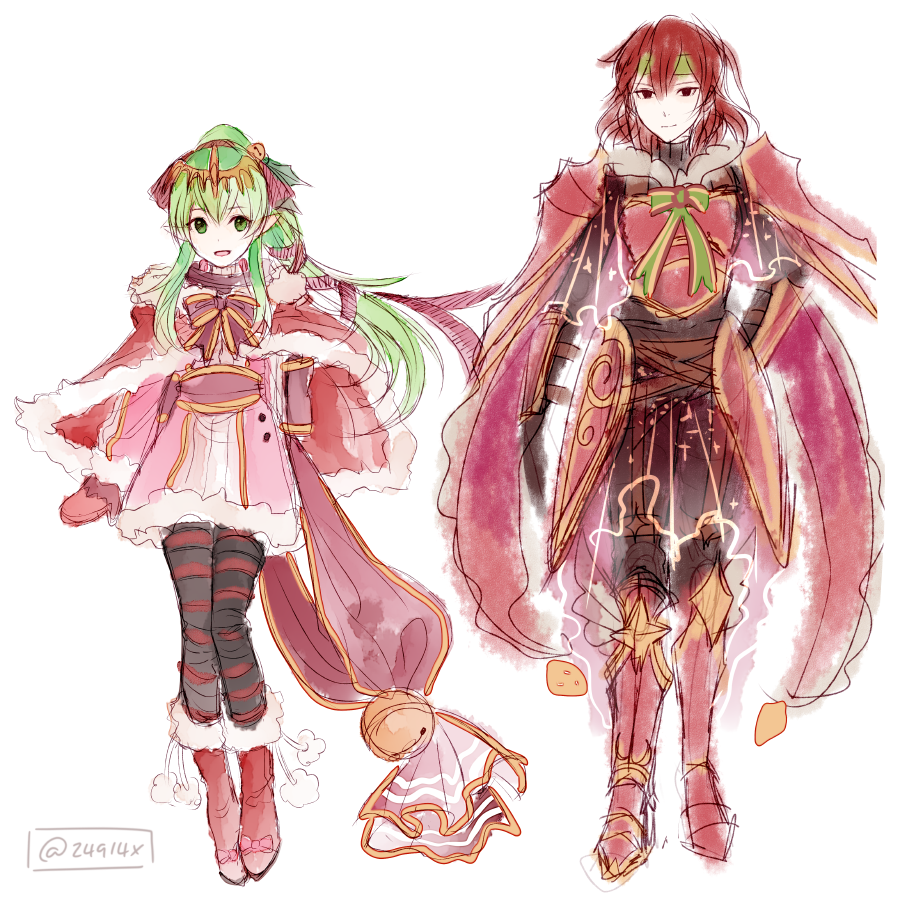 2girls bell blush box bracelet cape capelet chiki christmas circlet dress fire_emblem fire_emblem:_monshou_no_nazo fire_emblem_heroes full_body fur_trim gift gloves green_eyes green_hair hat headband jewelry looking_at_viewer mamkute merry_christmas minerva_(fire_emblem) multiple_girls nintendo pointy_ears ponytail red_capelet red_dress red_eyes red_gloves red_hair sack santa_costume santa_hat short_hair smile tiara xin_(24914)